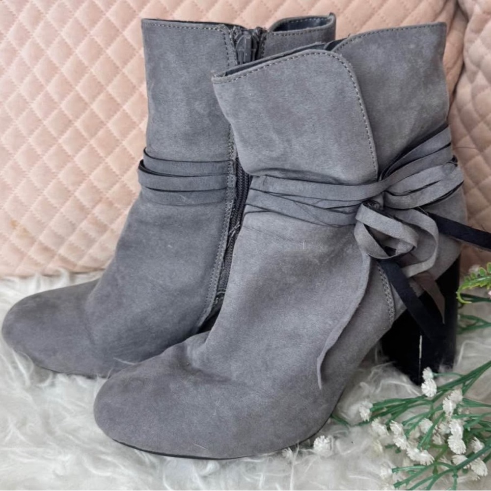 Gray Suede Ankle Boots with Bow Detail